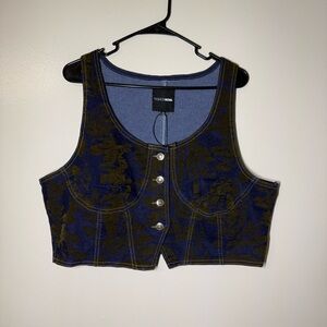 Fashion Nova Floral Flocked Button-Up Denim Vest Crop Top